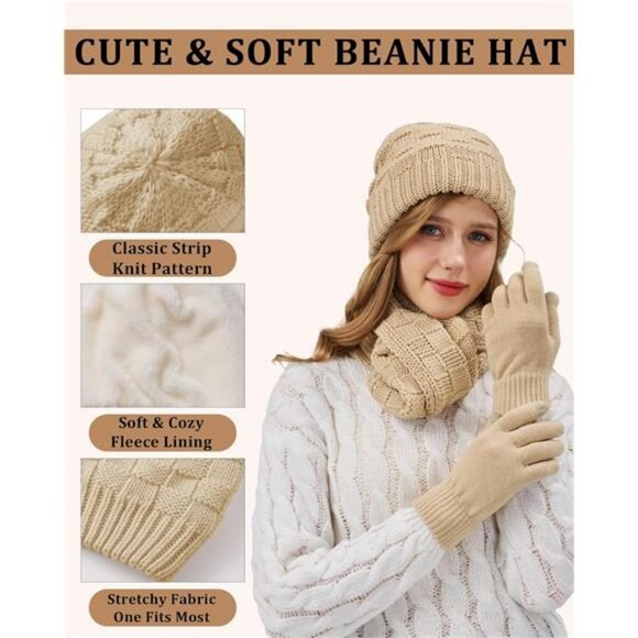 Womens Winter Beanie Scarf Gloves Set Touchscreen Warm Knit Cold Weather Set - Picture 2 of 7